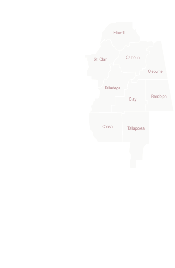 Map highlighting counties in northeast Alabama region