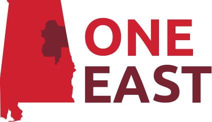 Graphic featuring the outline of Alabama with the text "ONE EAST" in red