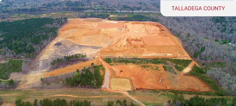 Aerial view of a large construction site in Talladega County