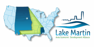 Map highlighting Lake Martin and surrounding states with logo