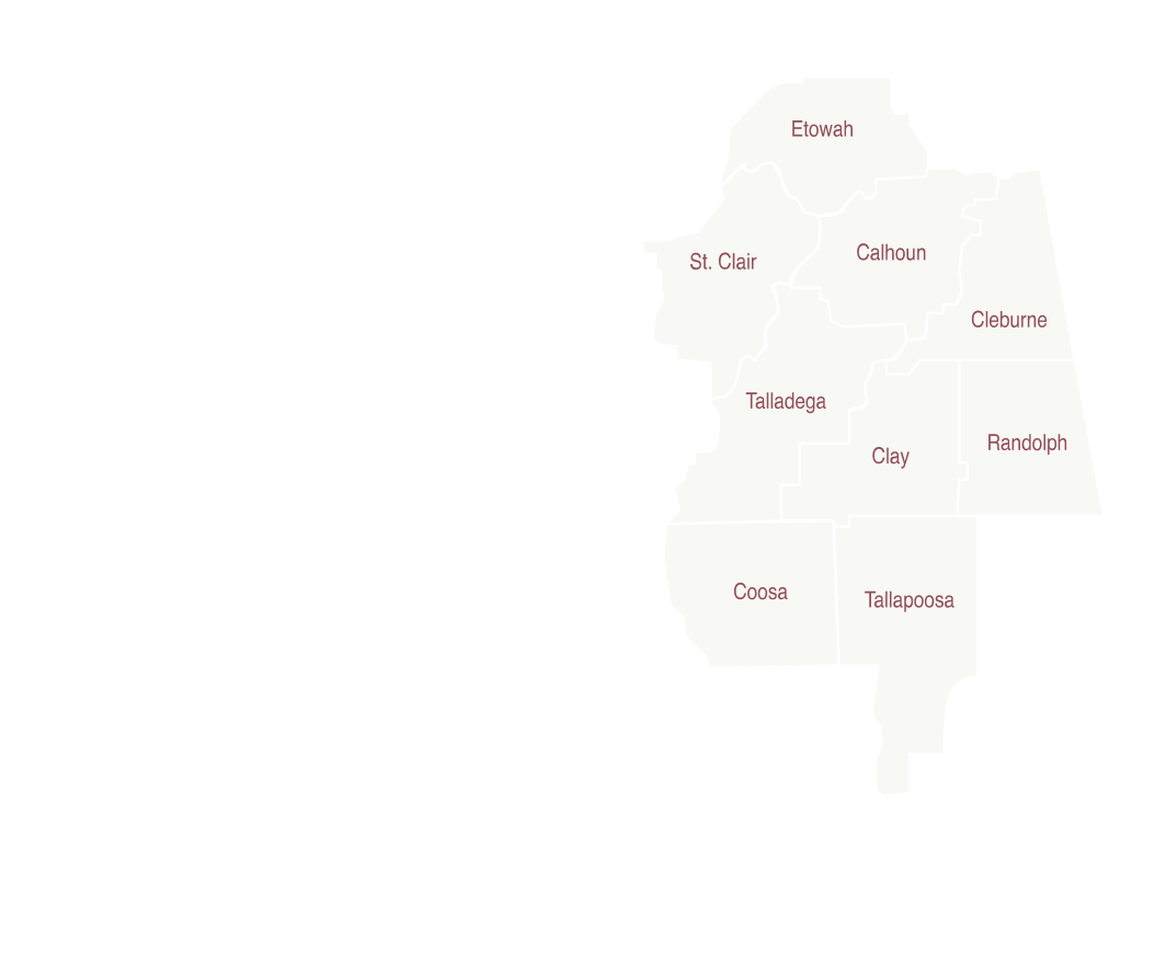 Map of counties in Alabama with labeled regions in a light color palette