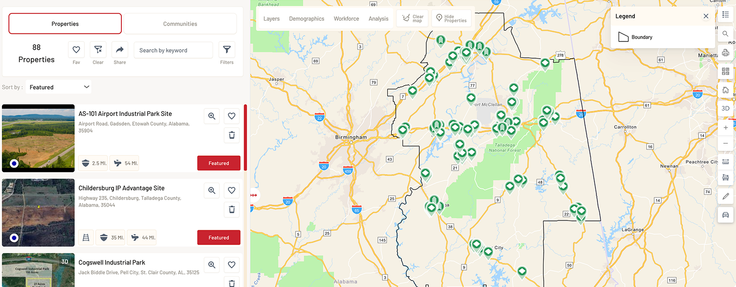 Map showing properties available in Alabama with featured listings and search options